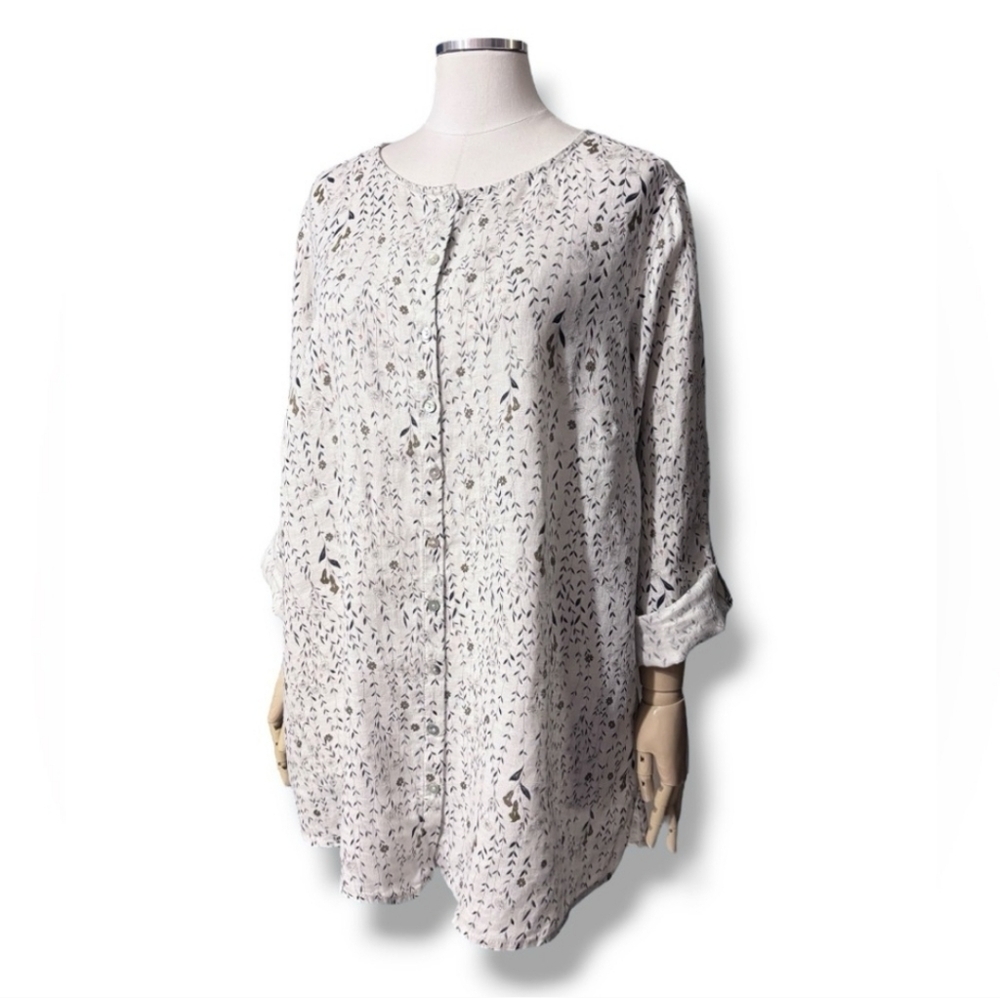 CYNTHIA ROWLEY Linen Floral Print Scoop Neck Tunic Top Roll Tab Sleeves
